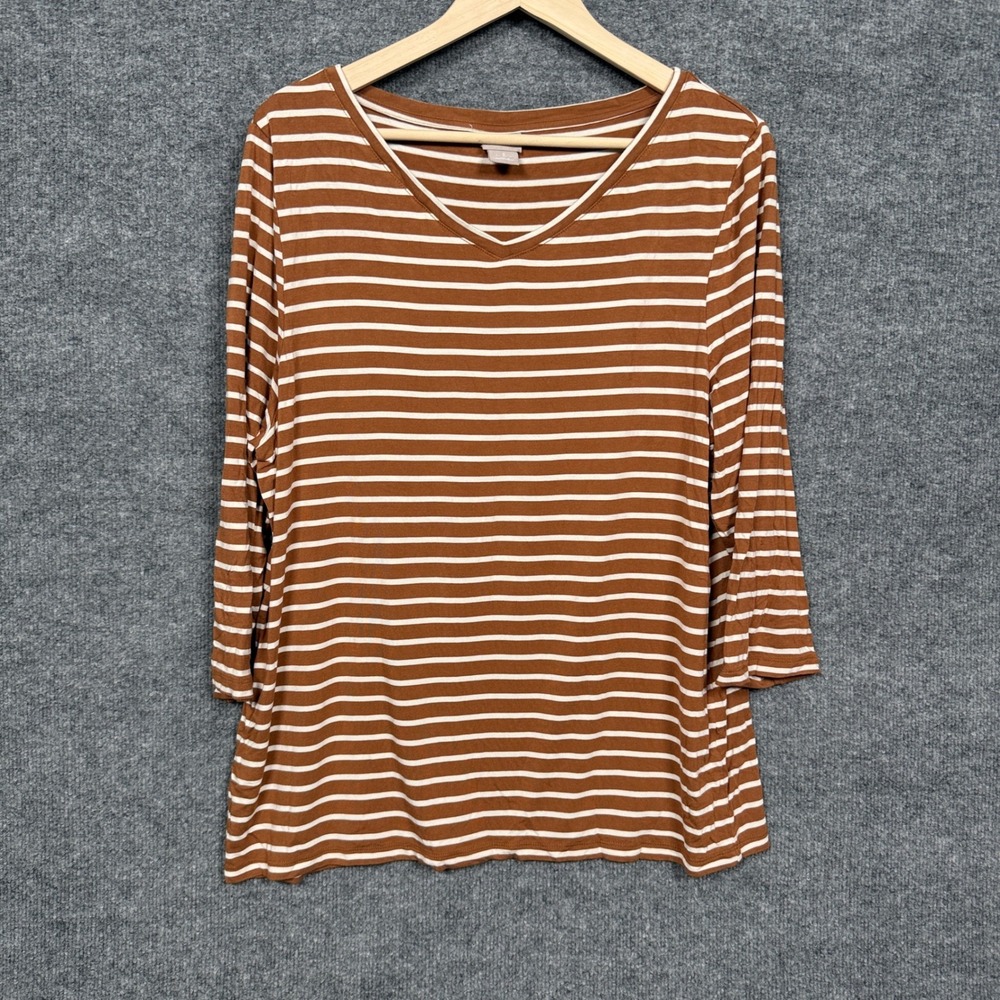 Chico's Size 3 US XL Top Shirt‎ Brown White Stripe Jersey 3/4 Sleeves Casual